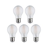 Five clear LED light bulbs with E27 base and warm white light for energy-efficient lighting