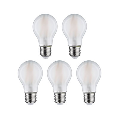 Fünf klare LED-Glühbirnen mit E27-Fassung und warmweißem Licht für energiesparende Beleuchtung