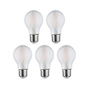 Fünf klare LED-Glühbirnen mit E27-Fassung und warmweißem Licht für energiesparende Beleuchtung