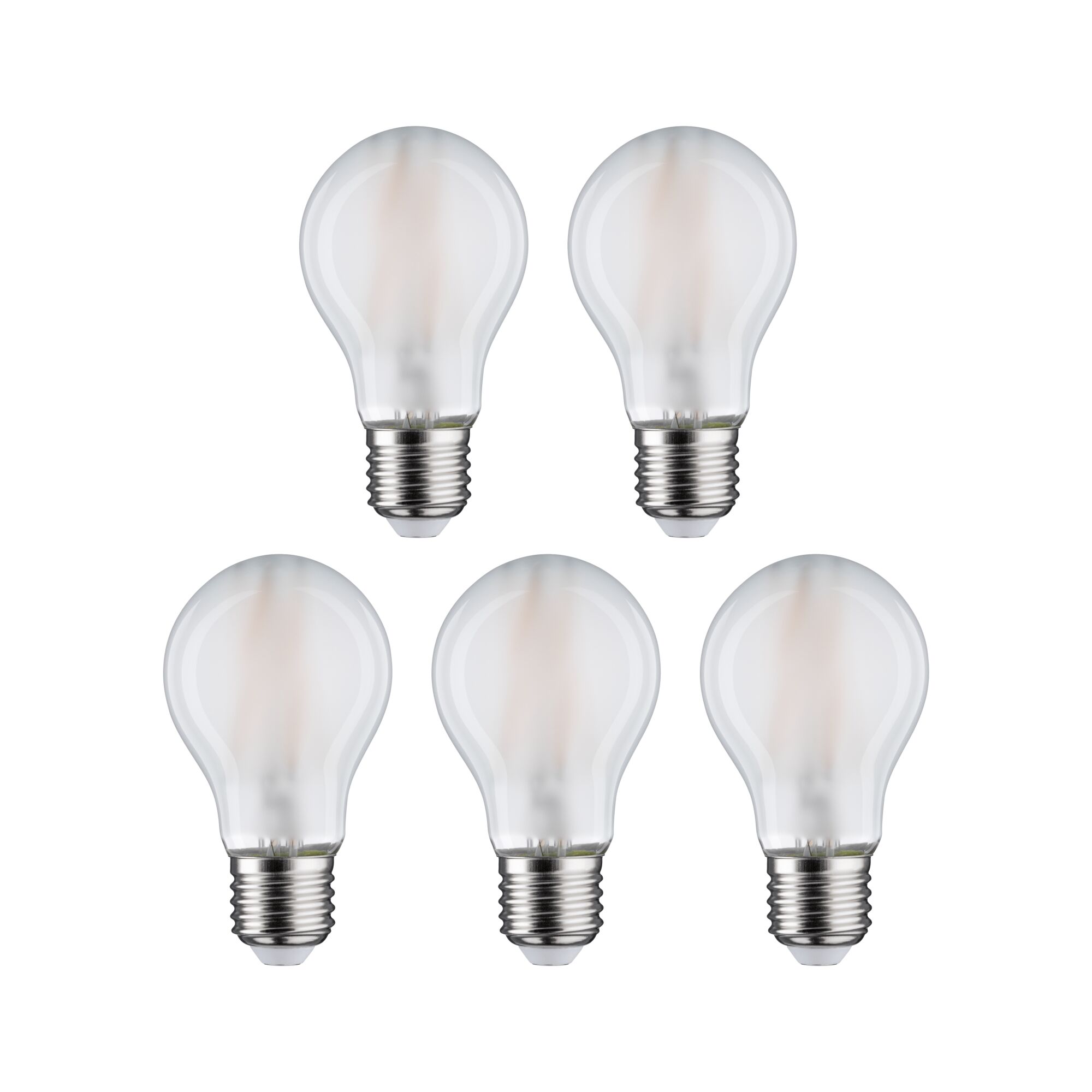 Fünf klare LED-Glühbirnen mit E27-Fassung und warmweißem Licht für energiesparende Beleuchtung