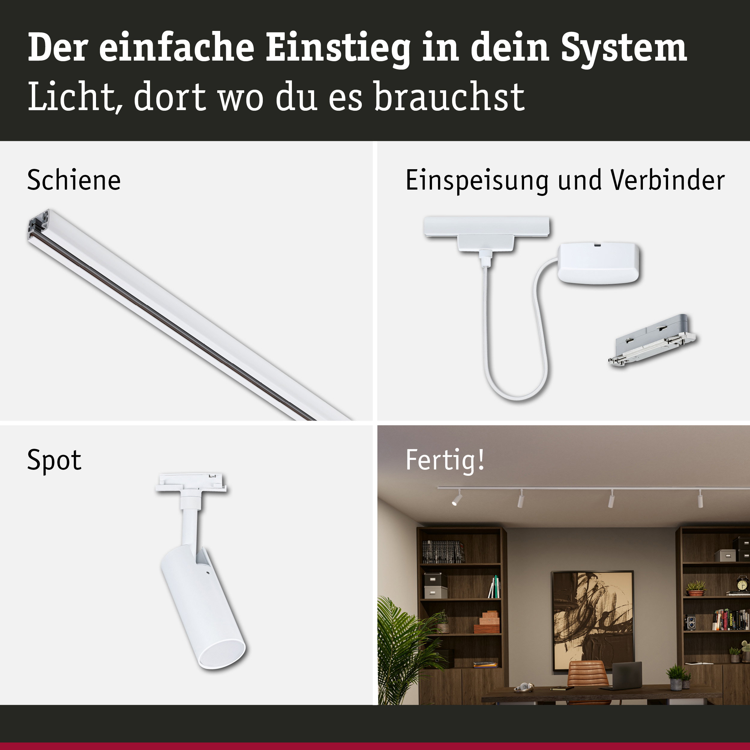 URail Schienenspot Tubo Starterset Kabeleinspeisung 4x4W 230V Signalweiß