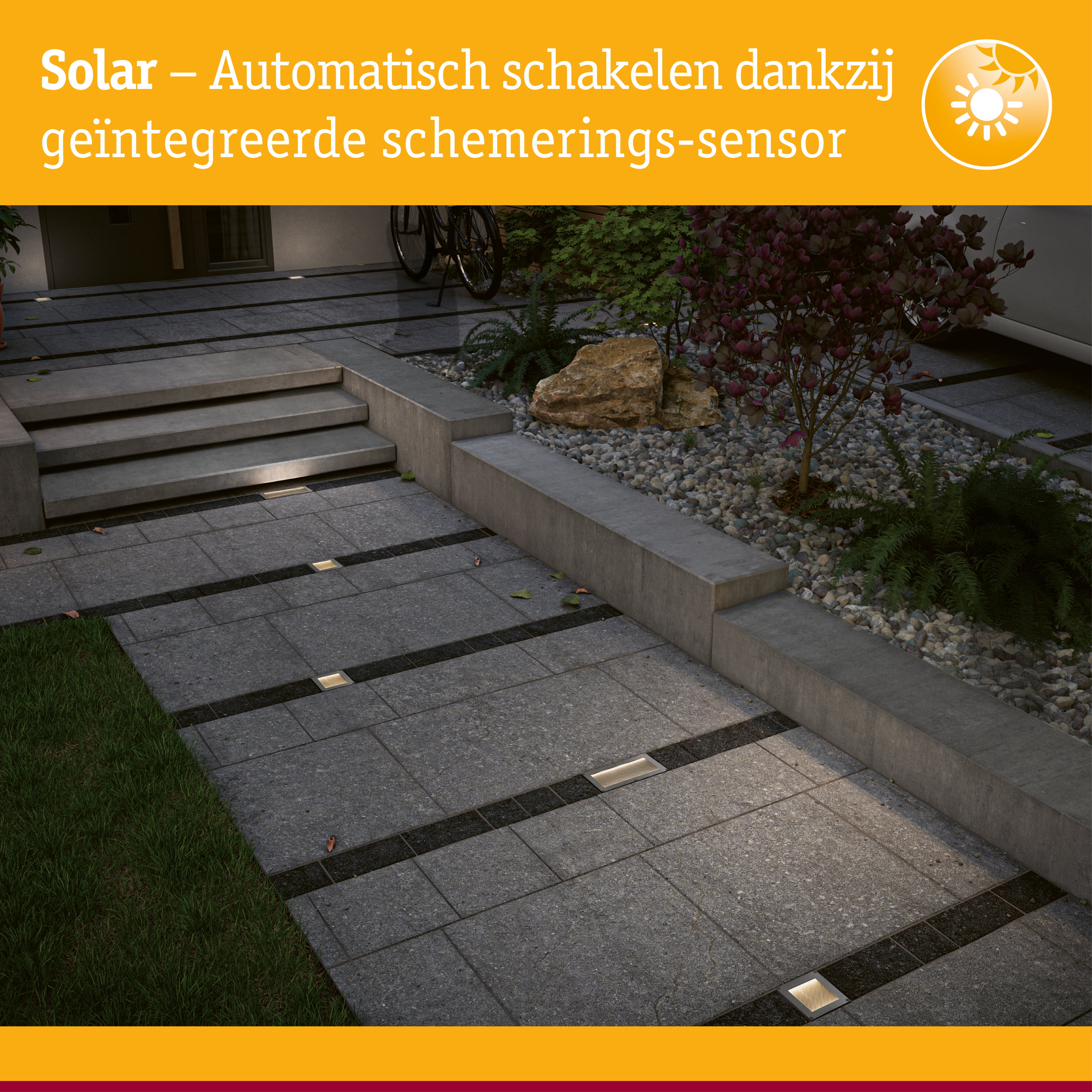 Solar LED-grondinbouwlamp Sorea Schemerings-sensor IP67 hoekig 200x100mm 3000K 0,3W 16lm 3,7V Staal geborsteld ABS/Polycarbonaat/edelstaal