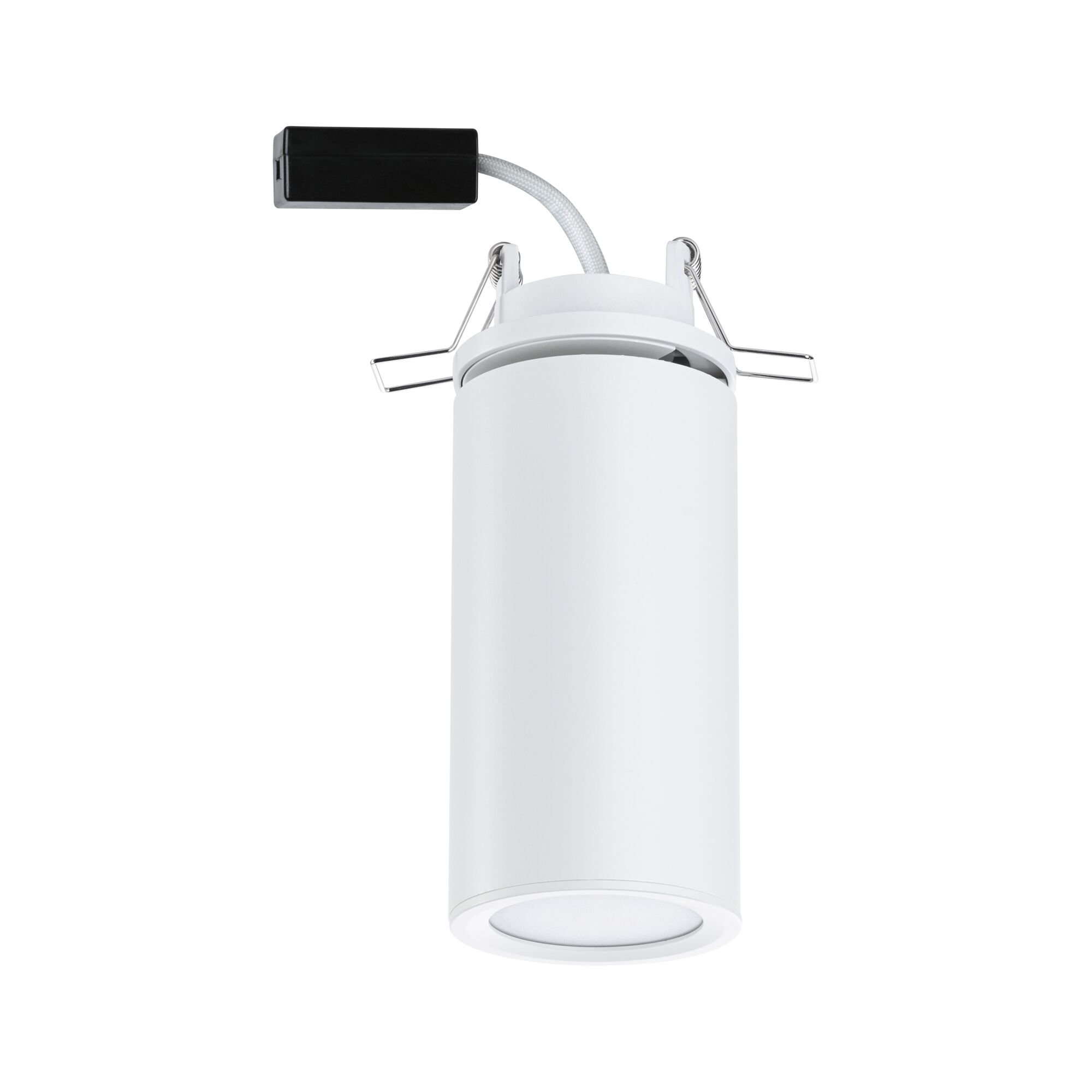 White metal recessed spotlight with round shape and spring clips for ceiling installation