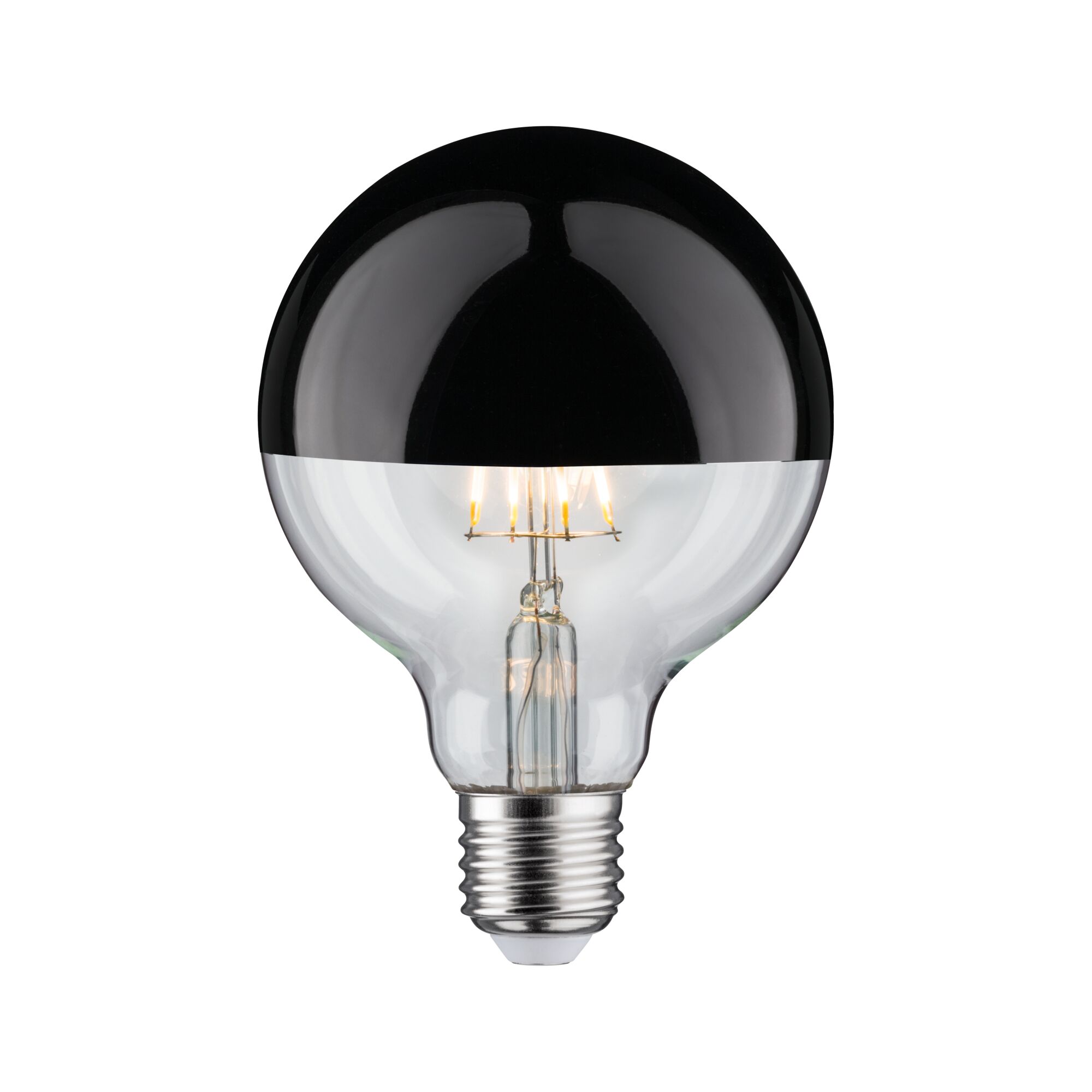 Modern Classic Edition Standard 230V LED Globe Kopfspiegel E27 G95 600lm 6,5W 2700K dimmbar Kopfspiegel Schwarzchrom Glühbirne mit schwarzer Halbspiegelbeschichtung aus Glas, LED-Filament, energiesparende Leuchte