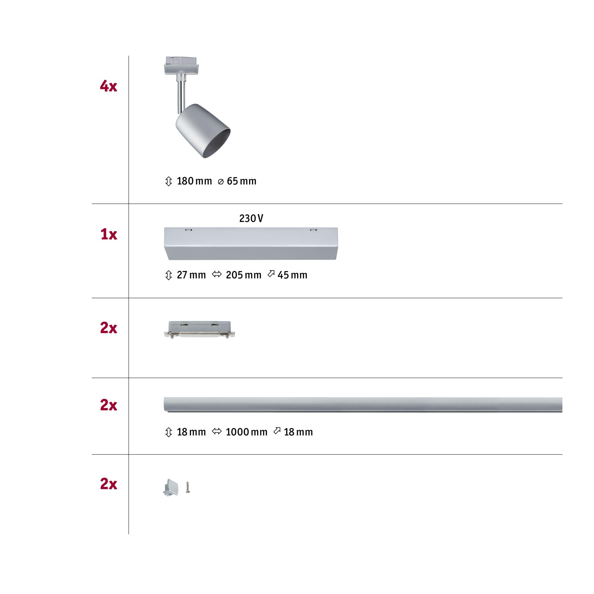 Silver metal LED spotlight with 65 mm diameter and 180 mm height, modern lighting design