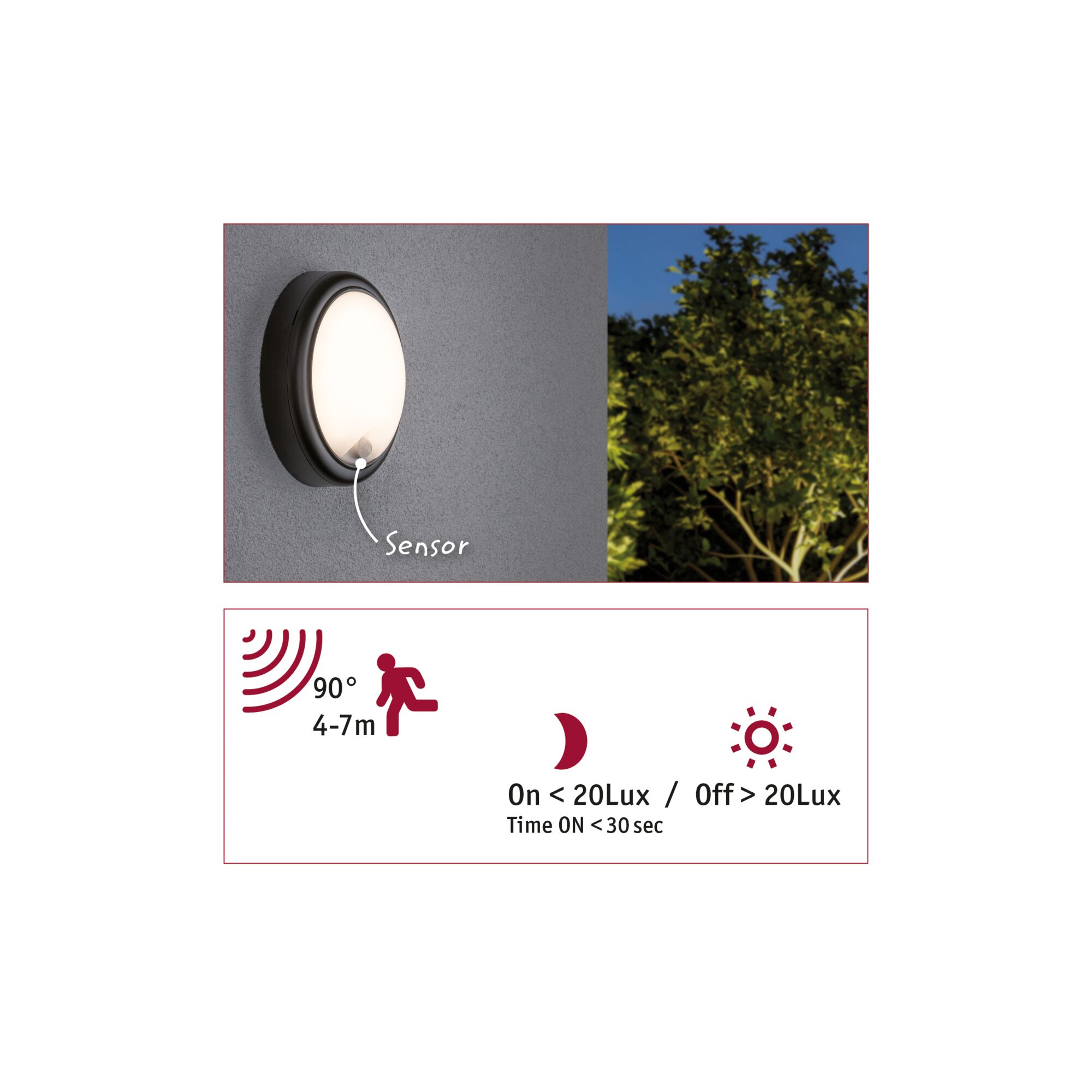 Ronde zwarte buitenwandlamp met bewegingssensor en witte diffuser voor tuinverlichting.