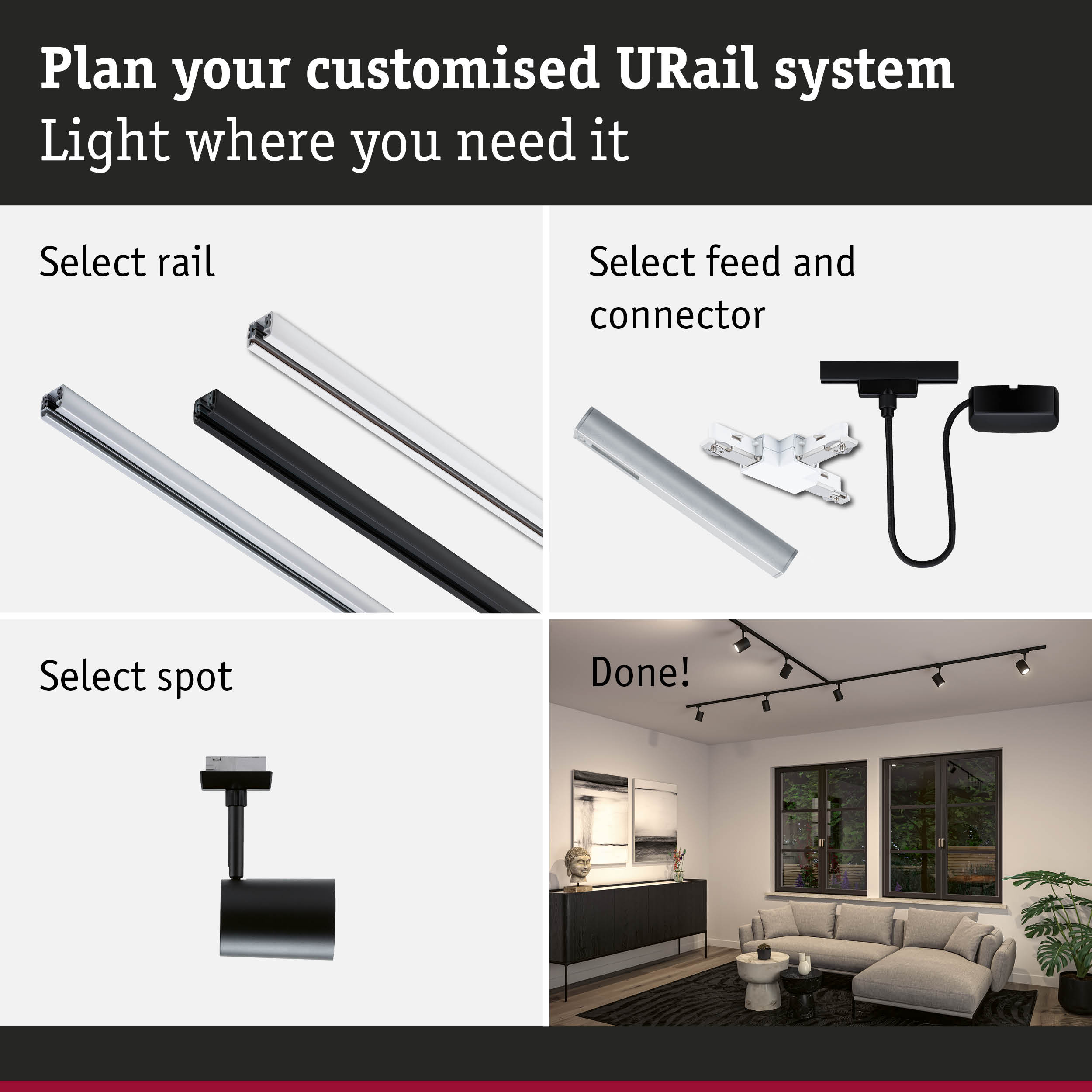 Modular URail track system with black and white aluminium rails for flexible LED lighting setup.