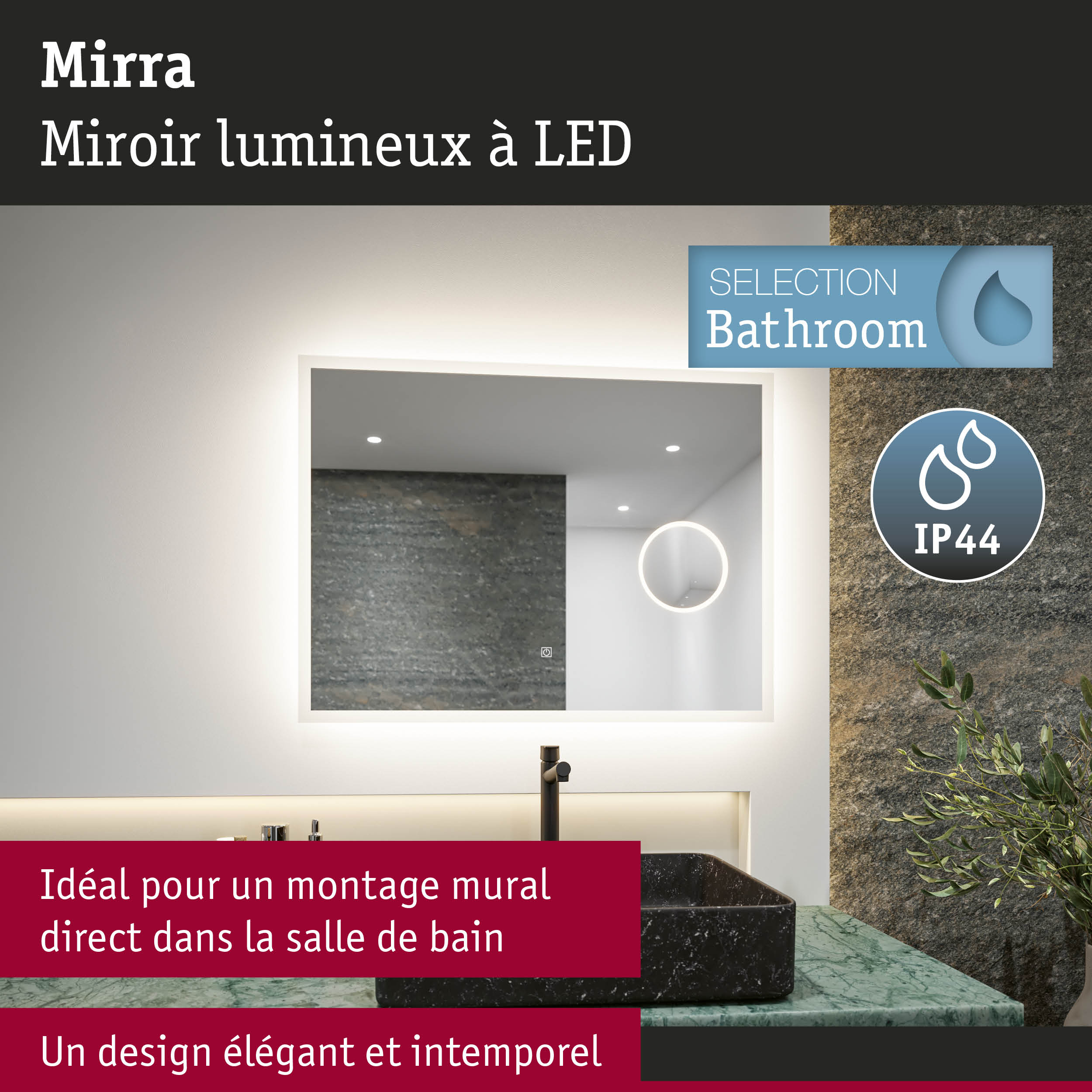 Miroir de salle de bain Mirra lumineux à LED avec design élégant et protection IP44
