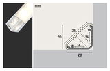 Technical drawing of white LED aluminum profile measuring 20x20 mm for LED strip lighting.