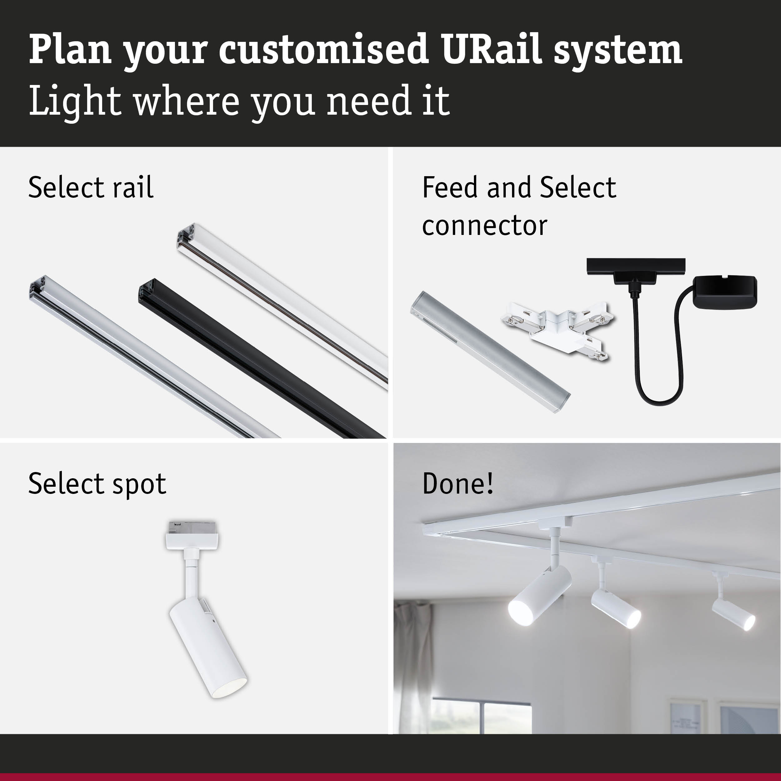 Guide to planning a URail track system with selection of rails, connectors, and white and black spotlights