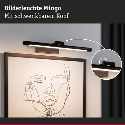 Schwarze Bilderleuchte Mingo aus Metall mit schwenkbarem Kopf über einem minimalistischen Kunstbild