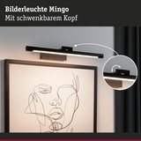 Schwarze Bilderleuchte Mingo aus Metall mit schwenkbarem Kopf über einem minimalistischen Kunstbild