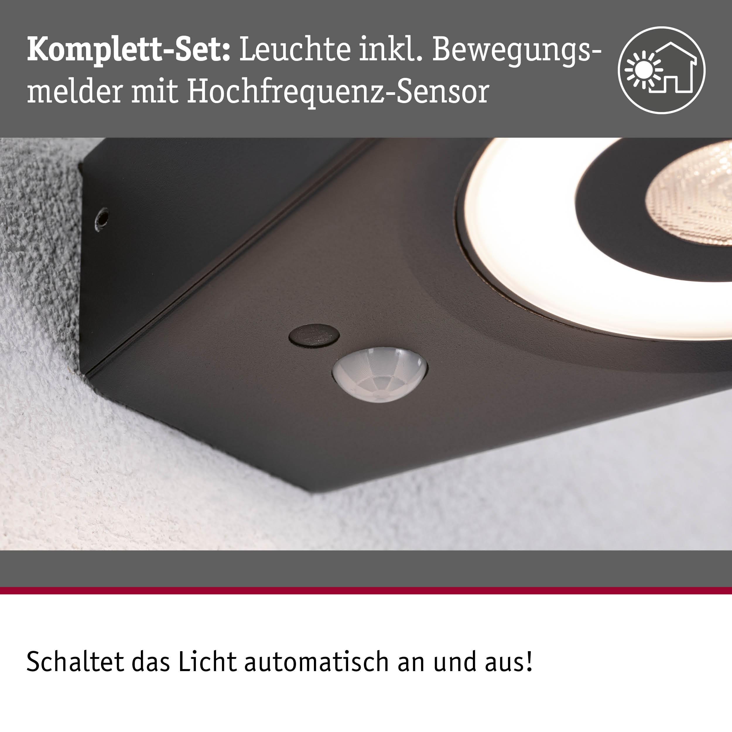 Schwarze LED-Wandleuchte mit integriertem Bewegungsmelder und Hochfrequenz-Sensor für automatisches Licht