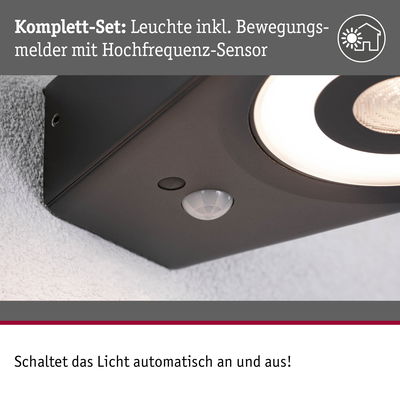 Schwarze LED-Wandleuchte mit integriertem Bewegungsmelder und Hochfrequenz-Sensor für automatisches Licht