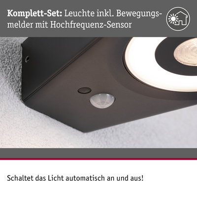Schwarze LED-Wandleuchte mit integriertem Bewegungsmelder und Hochfrequenz-Sensor für automatisches Licht