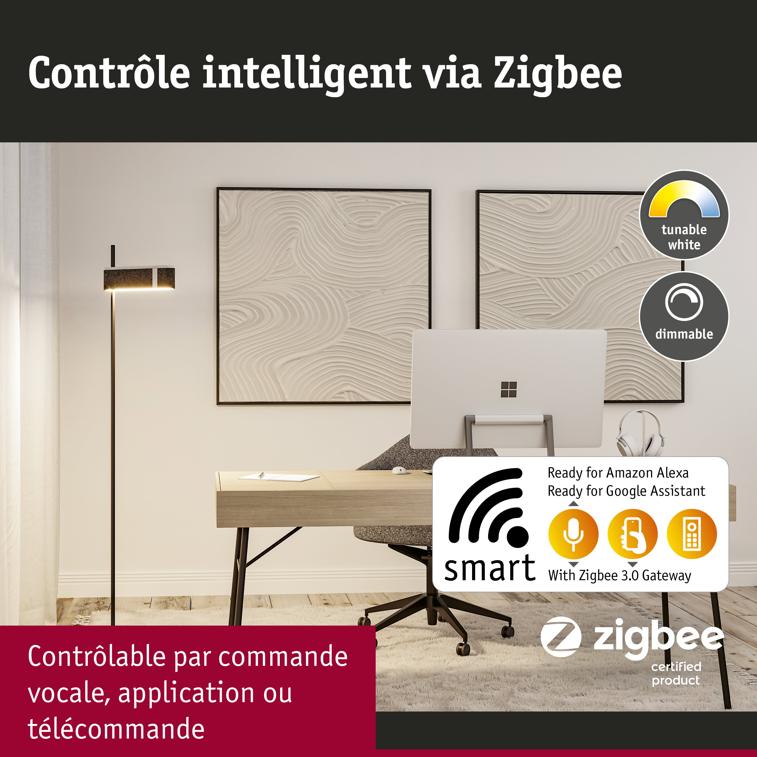Bureau moderne avec lampe sur pied noire intelligente, lumière blanche réglable et dimmable