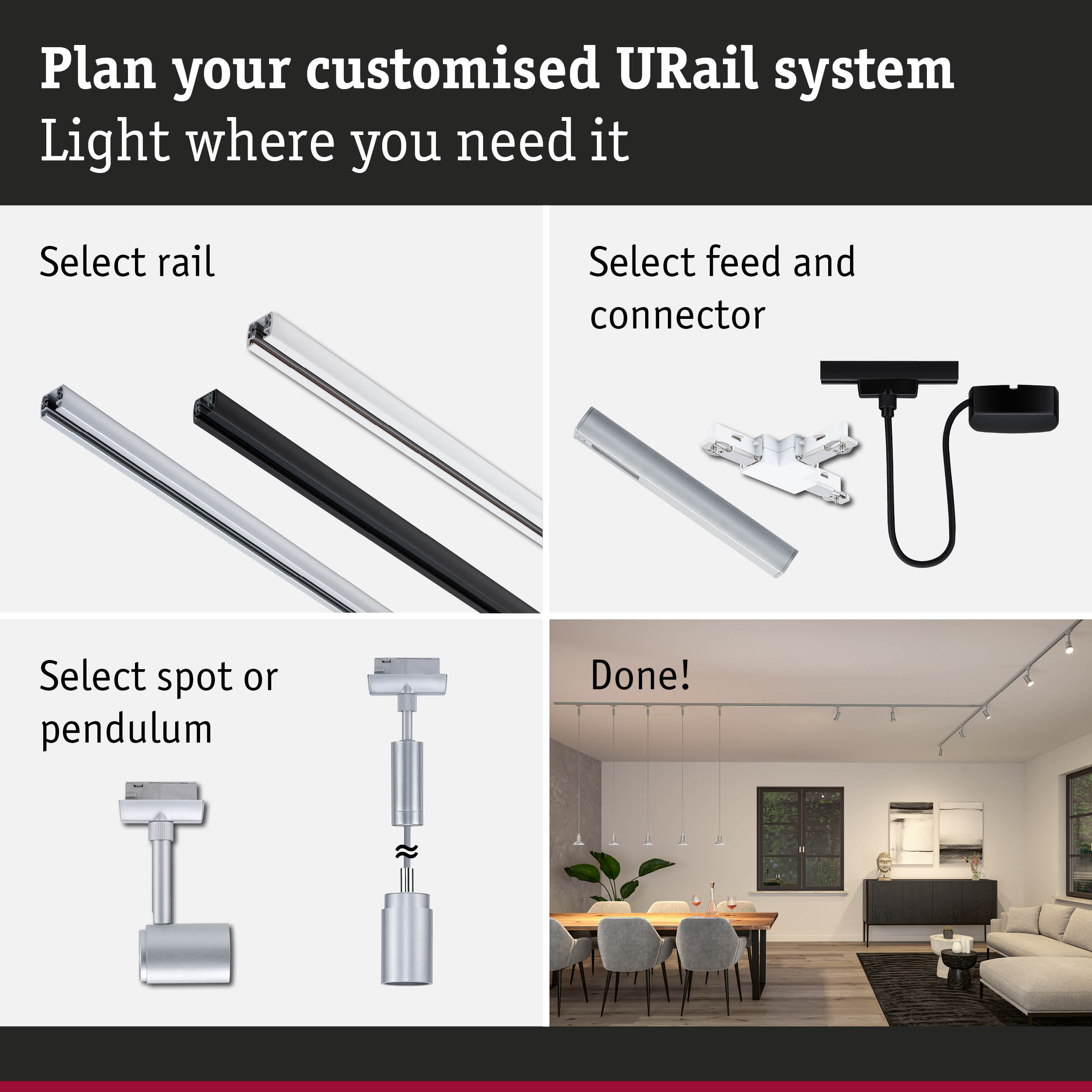 Modular URail track system with black and white aluminium rails for flexible LED lighting setup.