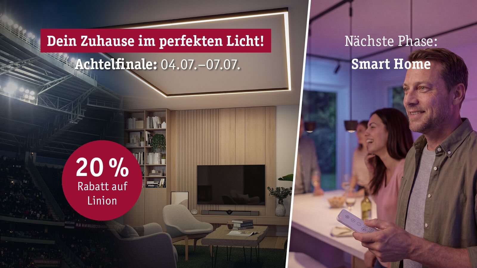 Moderne Wohnzimmereinrichtung mit LED-Deckenlicht und 20% Rabatt auf Linion Beleuchtung für Smart Home.