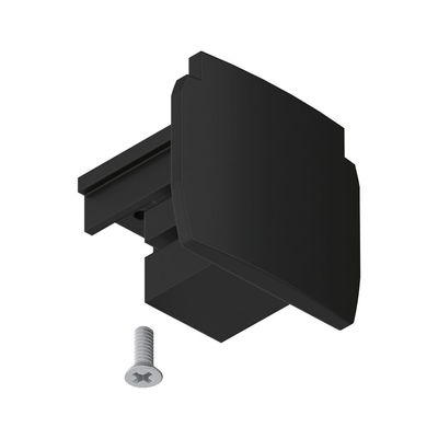 Black plastic end cap with screw for track systems, accessory for LED lighting setups