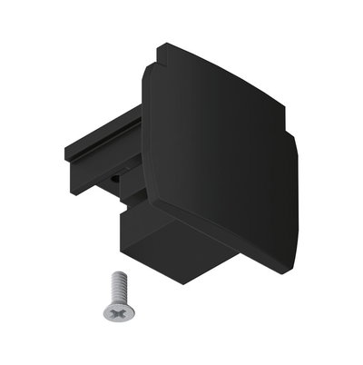 Black plastic end cap with screw for track systems, accessory for LED lighting setups