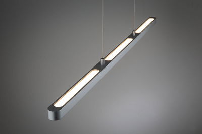 Modern silver aluminum LED pendant light with warm white illumination for living spaces