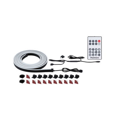 LED-Lichtband mit Fernbedienung, USB-Kabel und Montageclips in Schwarz und Weiß für flexible Beleuchtung