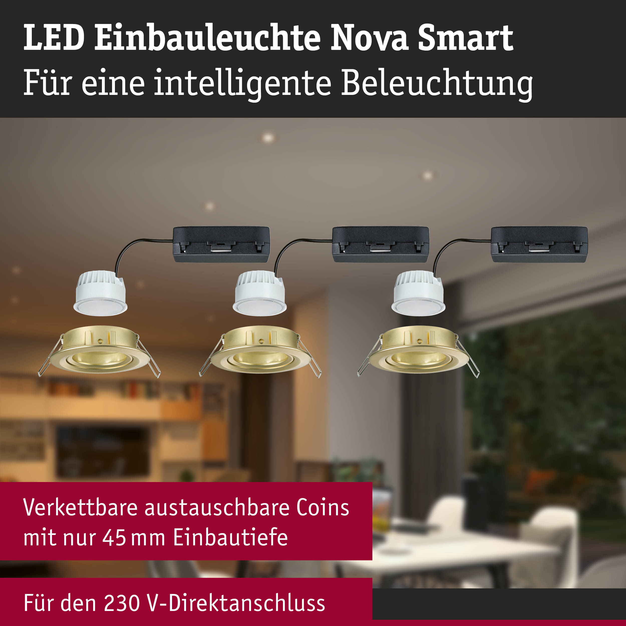 LED Einbauleuchte Nova Smart mit goldfarbenem Metallrahmen und weißem Leuchtmodul für smarte Beleuchtung