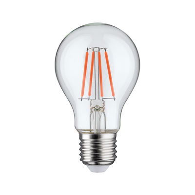 Classic LED light bulb with clear glass and orange filaments for energy-efficient lighting
