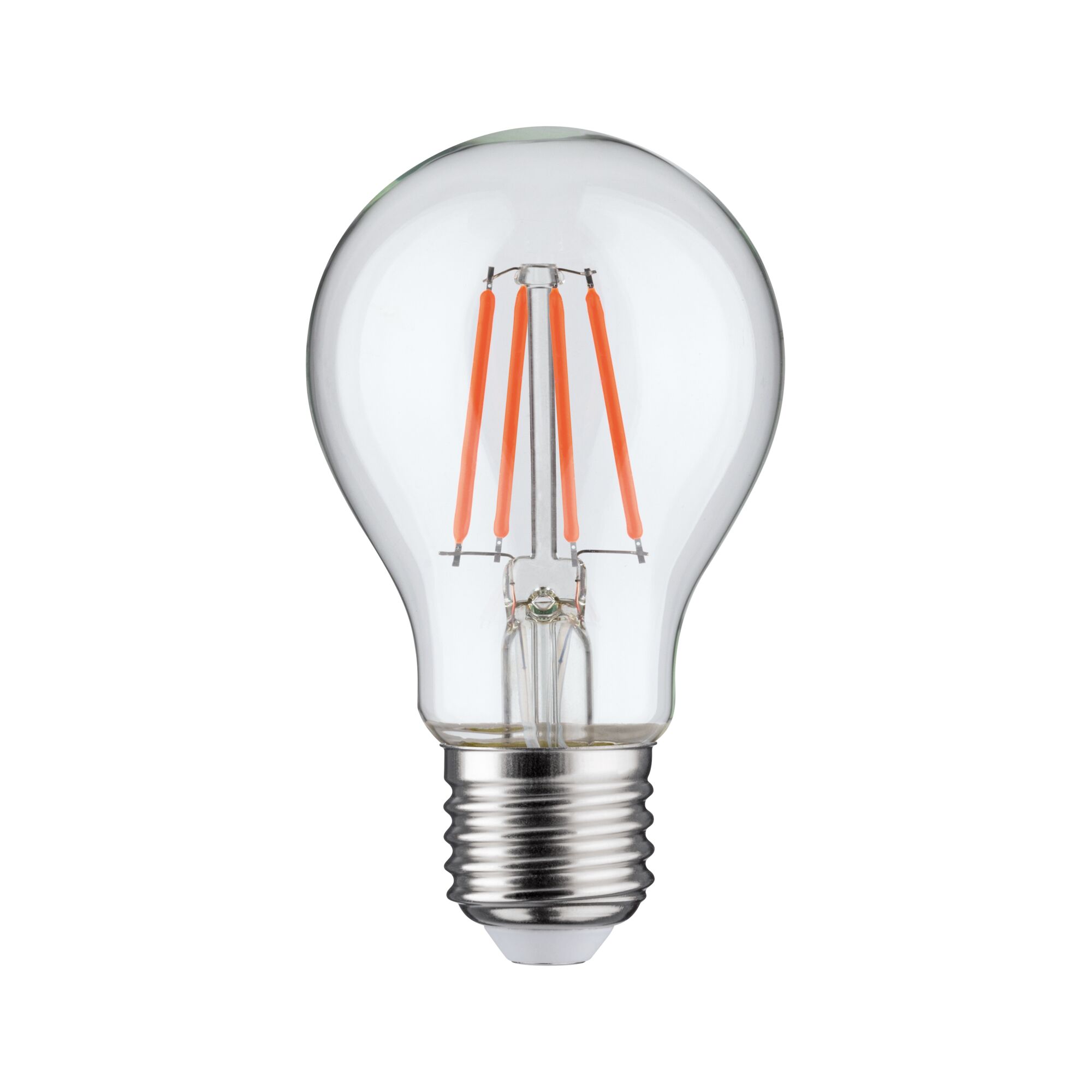Klassische LED-Glühbirne mit transparentem Glas und orangefarbenen Filamenten für energiesparende Beleuchtung