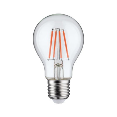 Klassische LED-Glühbirne mit transparentem Glas und orangefarbenen Filamenten für energiesparende Beleuchtung