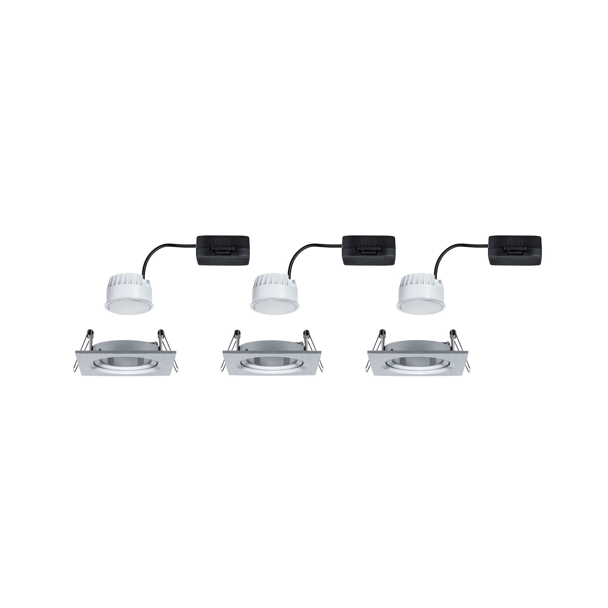 Three square recessed spotlights in silver aluminum with white LED modules and black cables