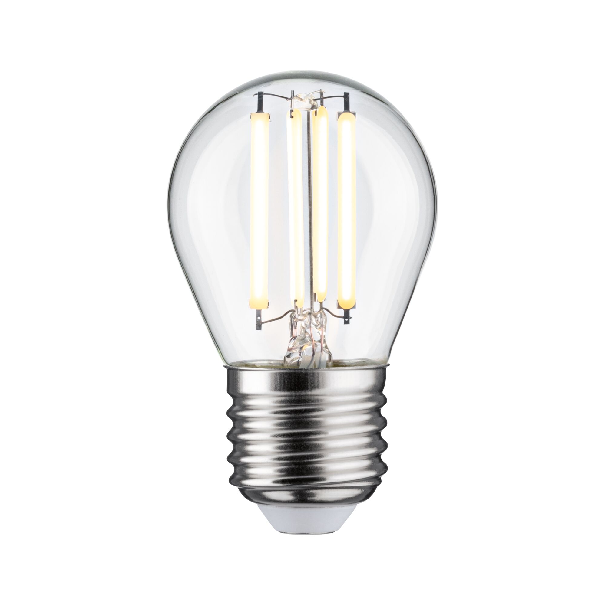 Klassische LED-Glühbirne mit transparentem Glas und silbernem Schraubsockel für energiesparende Beleuchtung