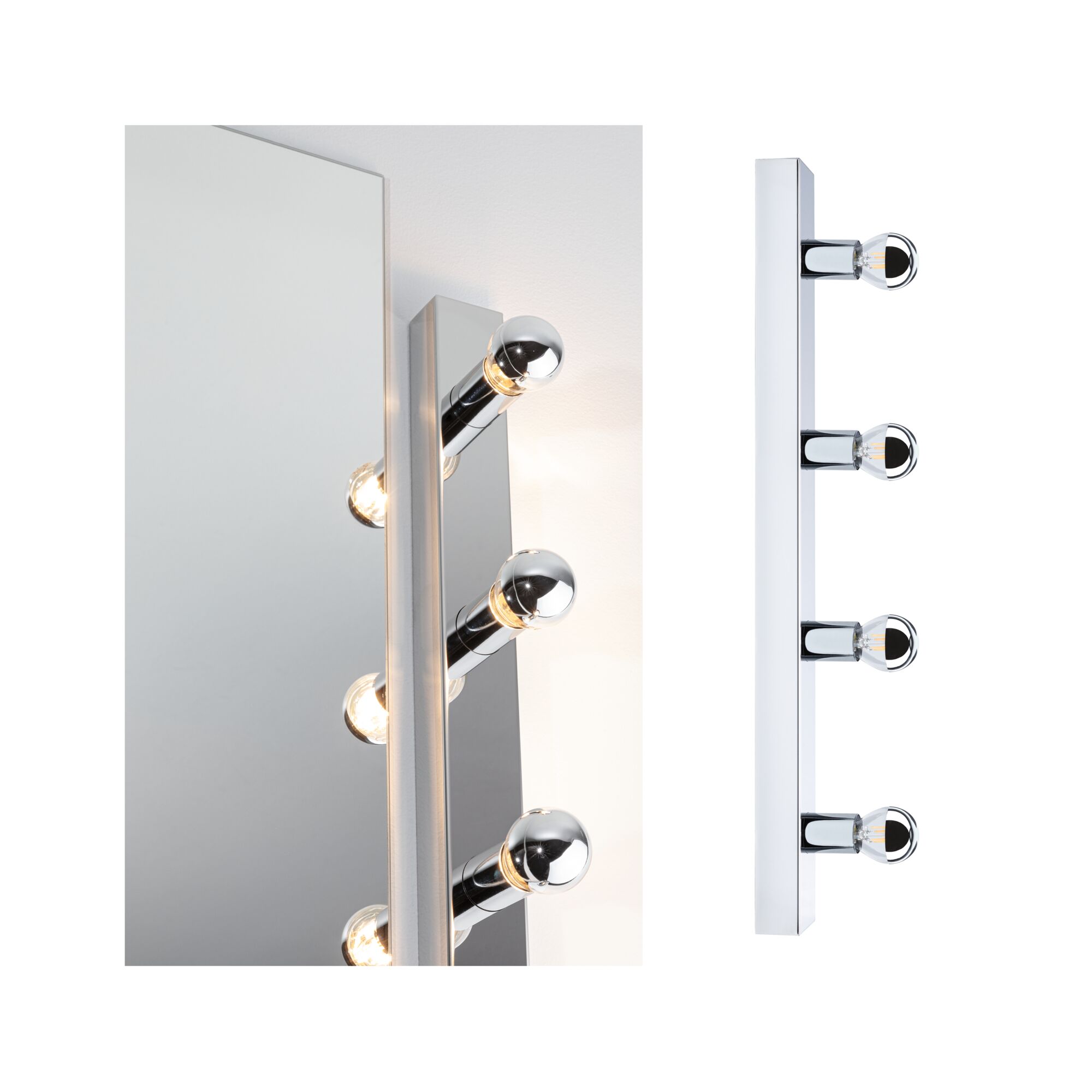 Oświetlenie lustrzane Regula II IP44 E14 230V max. 4x40W ściemnialny Chrom Chrome LED mirror light with four round bulbs for modern bathroom lighting