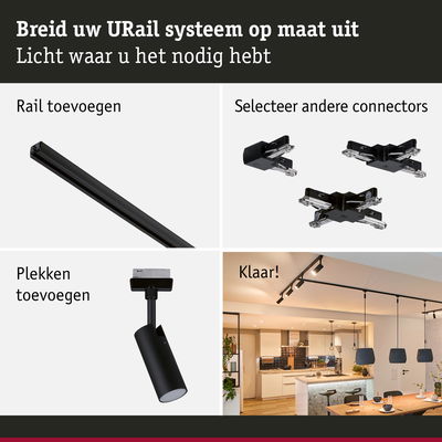 Zwart URail railsysteem met connectors en spots voor flexibele en moderne verlichting