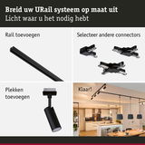 Zwart URail railsysteem met connectors en spots voor flexibele en moderne verlichting