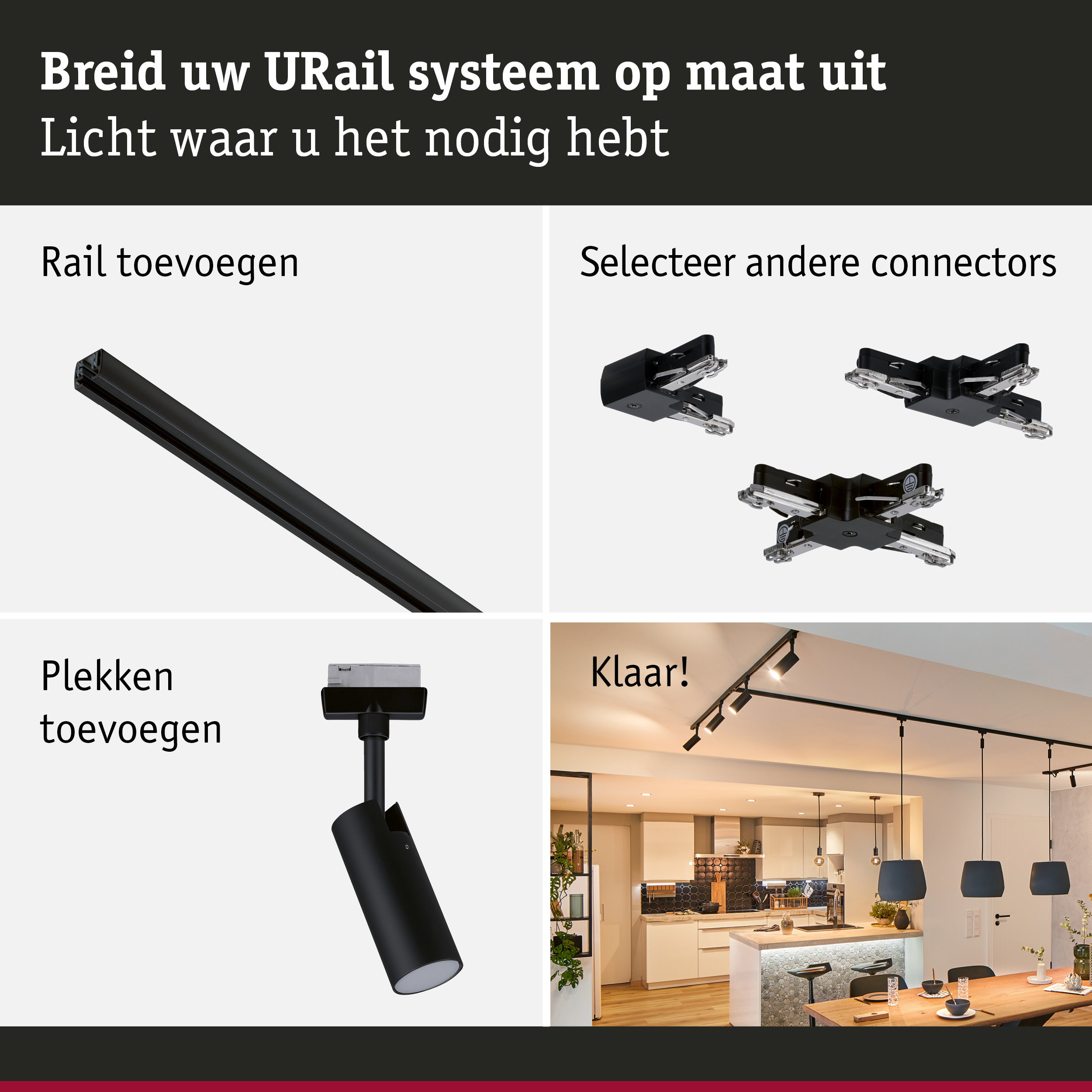 Modulair zwart URail railsysteem met spots en connectors voor flexibele LED-verlichting