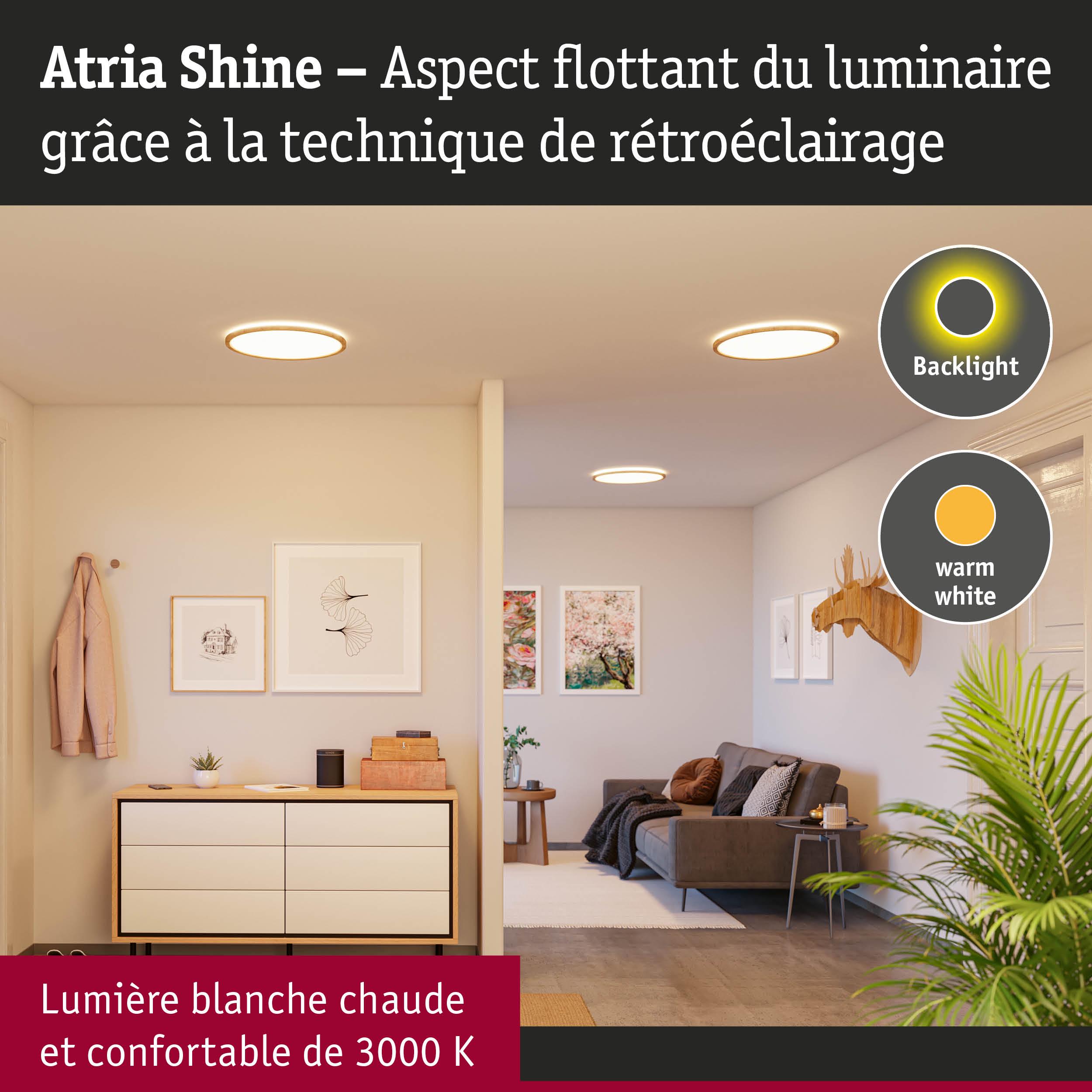 Plafonnier Atria Shine LED avec lumière blanche chaude 3000K et rétroéclairage pour salon.