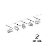 Fünf silberne LED-Seilstrahler aus Metall, moderne Schienenbeleuchtung ohne Leuchtmittel.
