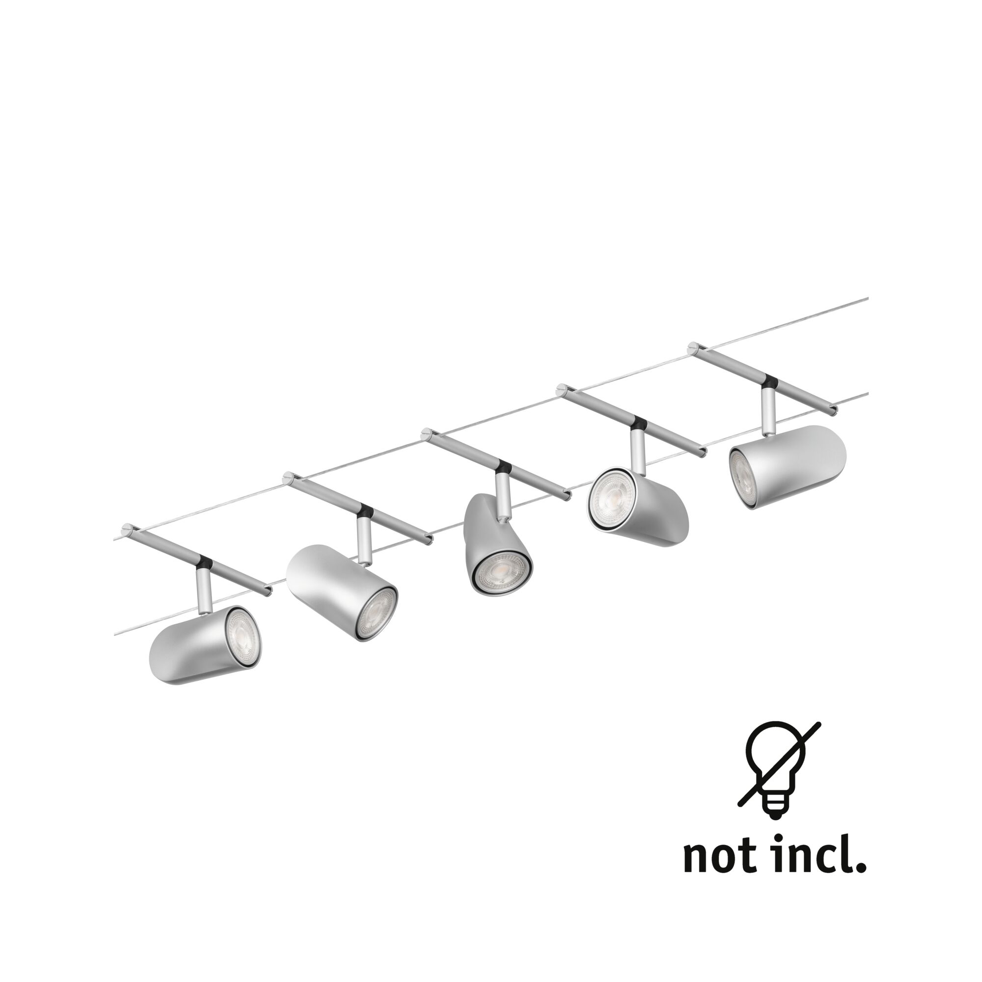 Fünf silberne LED-Seilstrahler aus Metall, moderne Schienenbeleuchtung ohne Leuchtmittel.