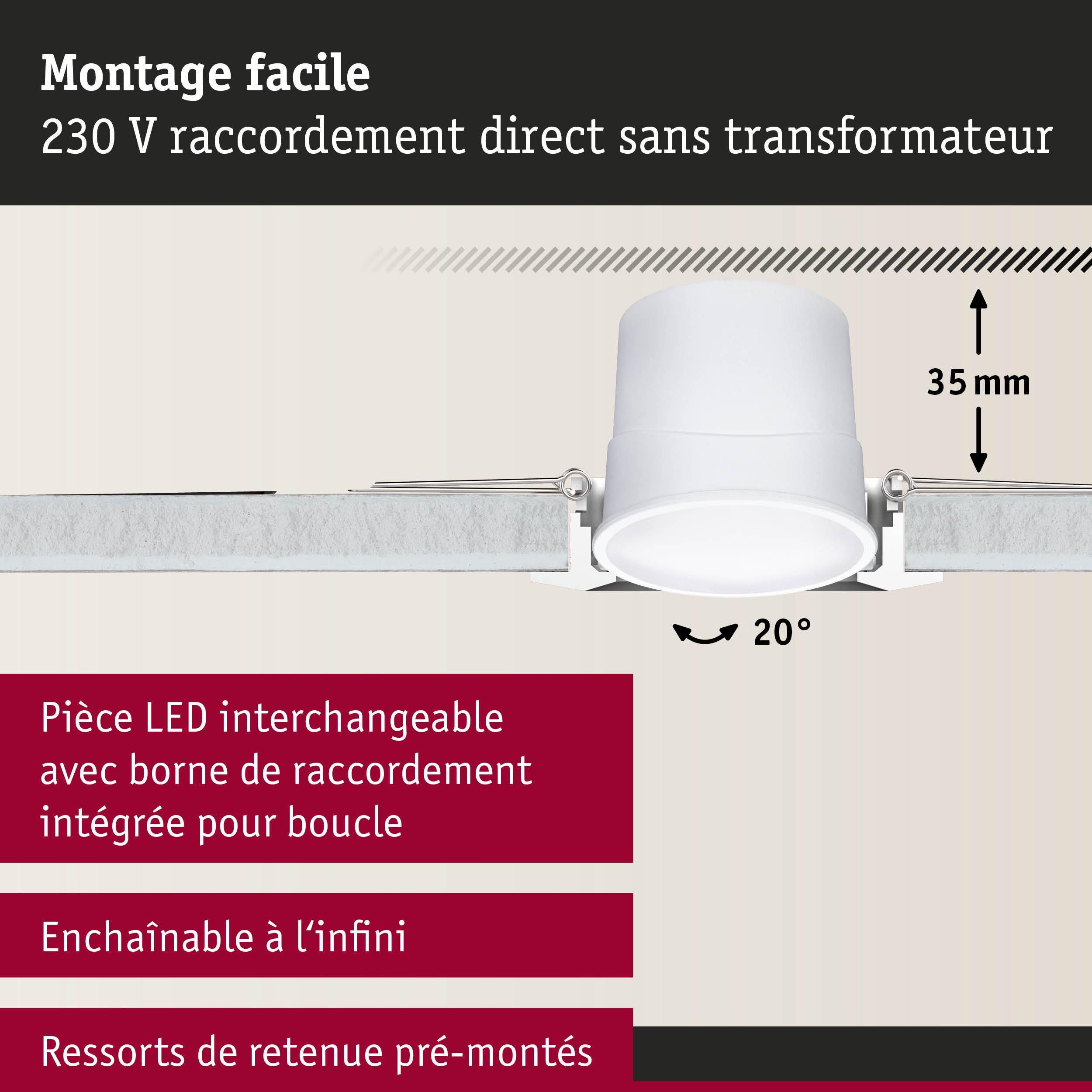 Spot LED encastré blanc avec 35 mm de profondeur et inclinaison de 20°, montage facile sans transformateur