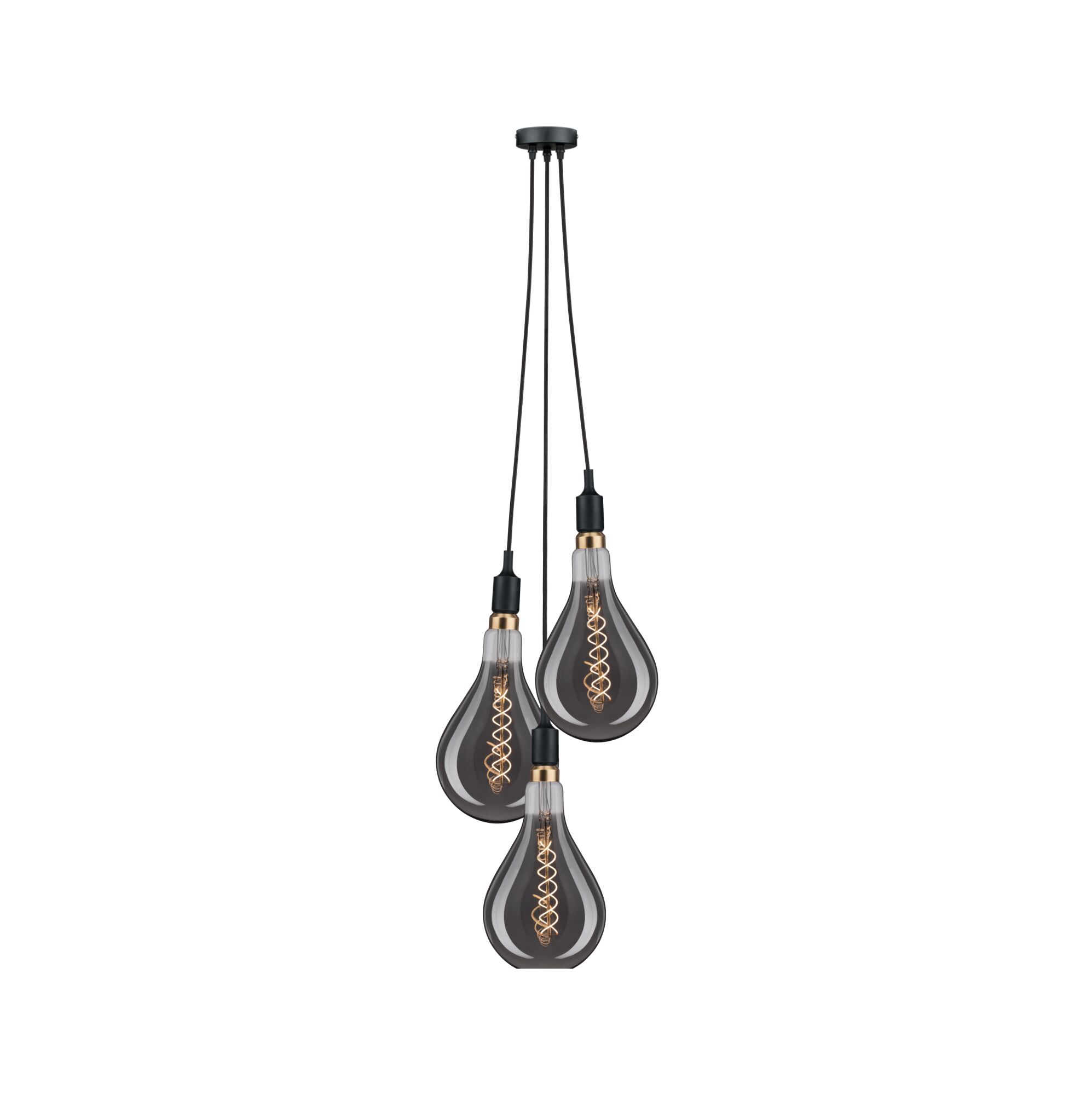 Modern pendant light with three smoked glass bulbs and black cords for stylish home lighting