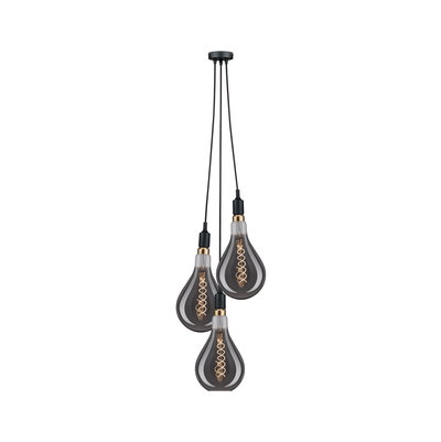 Moderne hanglamp met drie rookglaslampen en zwarte snoeren voor sfeervolle verlichting thuis