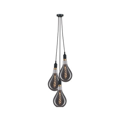 Moderne Pendelleuchte mit drei rauchglasförmigen Glühbirnen und schwarzem Kabel für Wohnräume