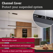 Black LED pendant light with retractable cover protects against dust and keeps a clean look in modern kitchen