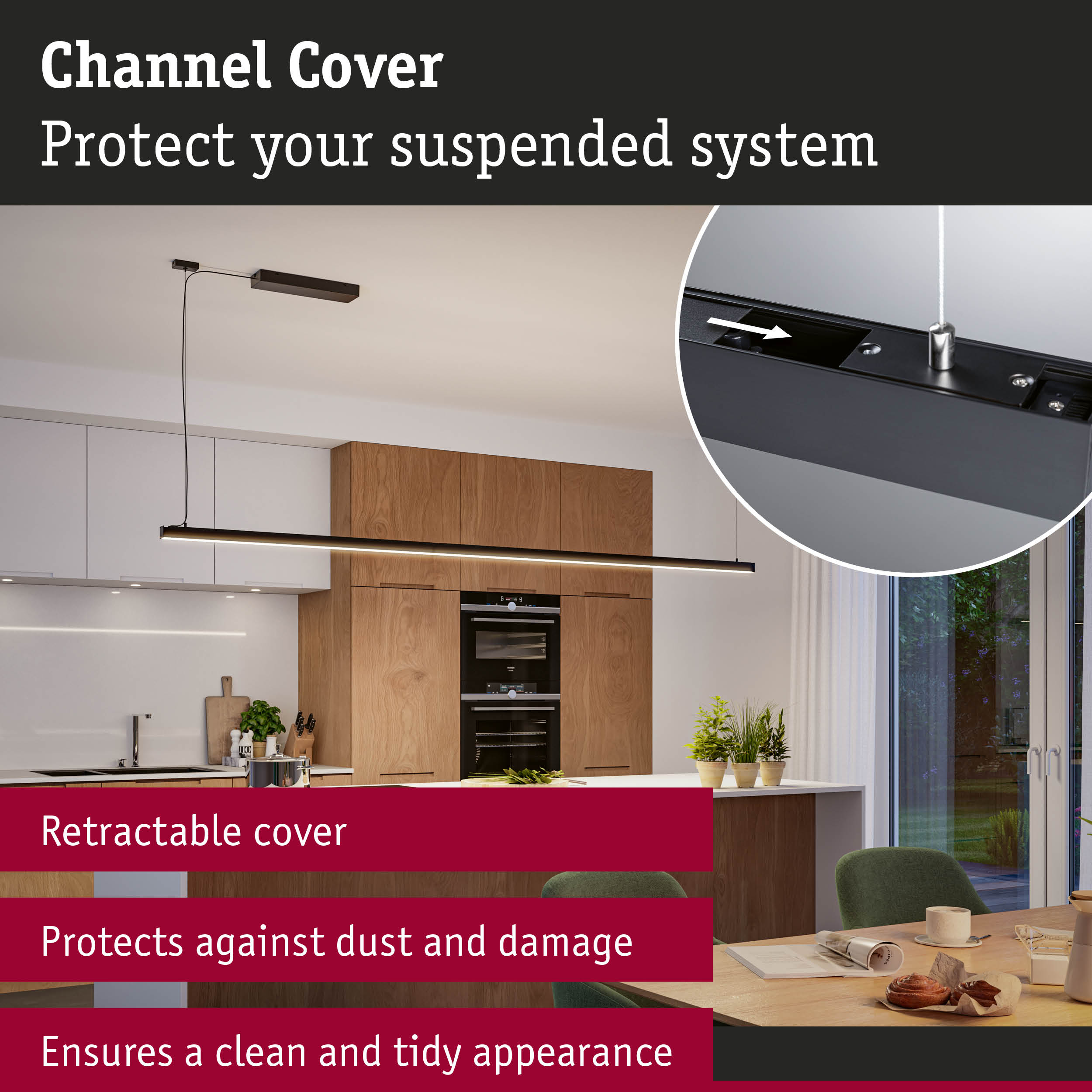 Black LED pendant light with retractable cover protects against dust and keeps a clean look in modern kitchen