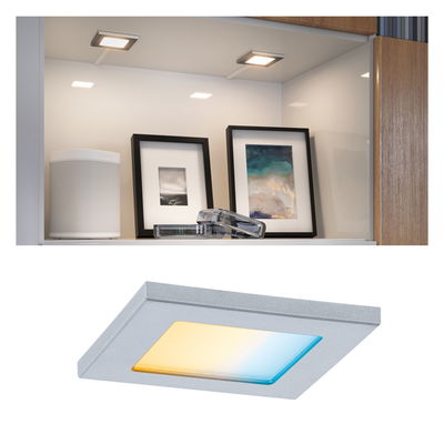 Square grey recessed LED spotlight with warm white and blue light for modern living spaces