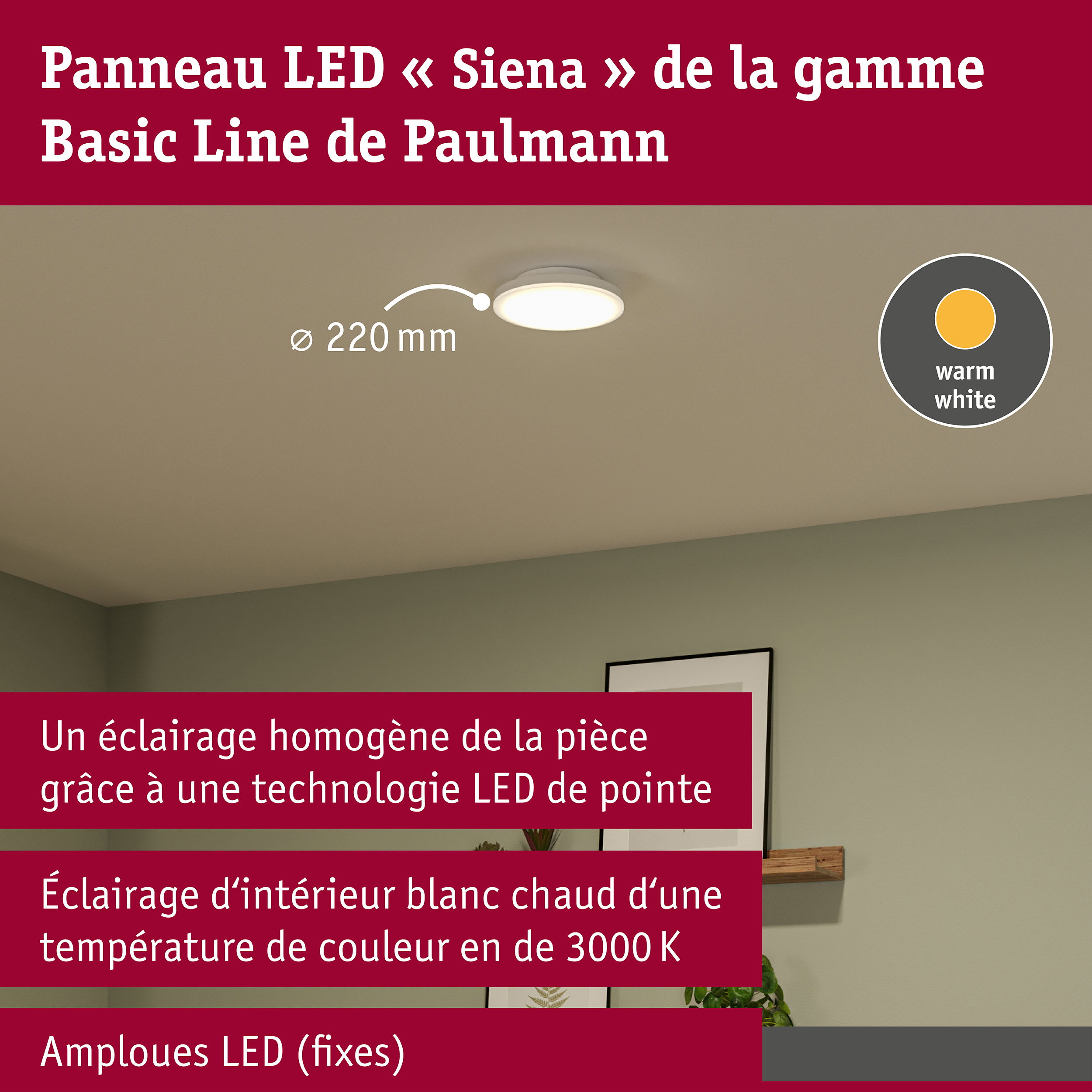 Plafonnier LED Siena 3000K 220mm 1000lm 230V 12,3W
