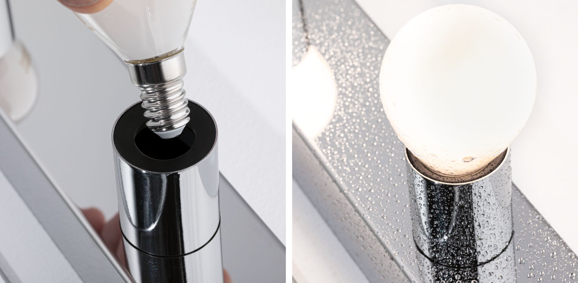 Gros plan d'une douille de lampe E14 LED chromée avec gouttes d'eau sur la surface pour éclairage moderne