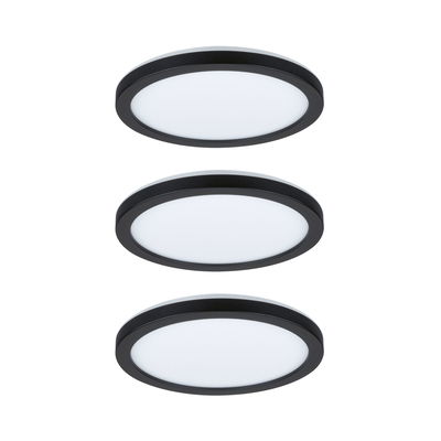 Trois plafonniers LED ronds avec cadre noir et diffuseur blanc pour éclairage intérieur moderne