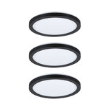 Three round LED ceiling lights with black frame and white diffuser for modern indoor lighting
